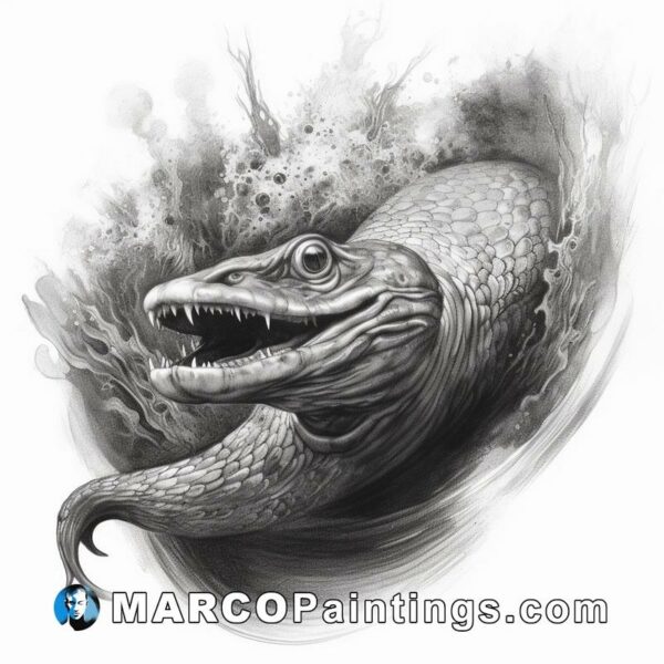 A black and white drawing of a lizard in the water