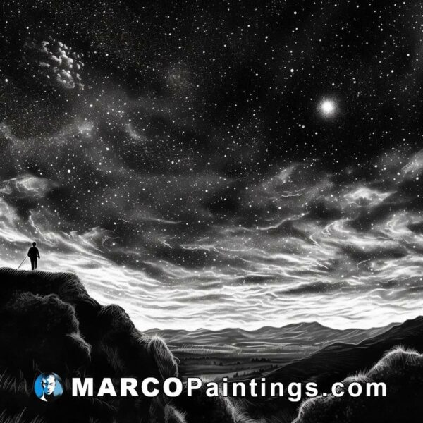 A black and white drawing of a man on the mountaintop looking out over the stars