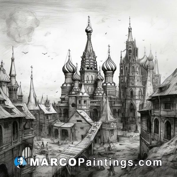 A black and white drawing of a medieval fantasy town