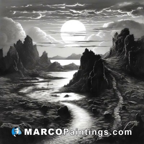 A black and white drawing of a moonscape