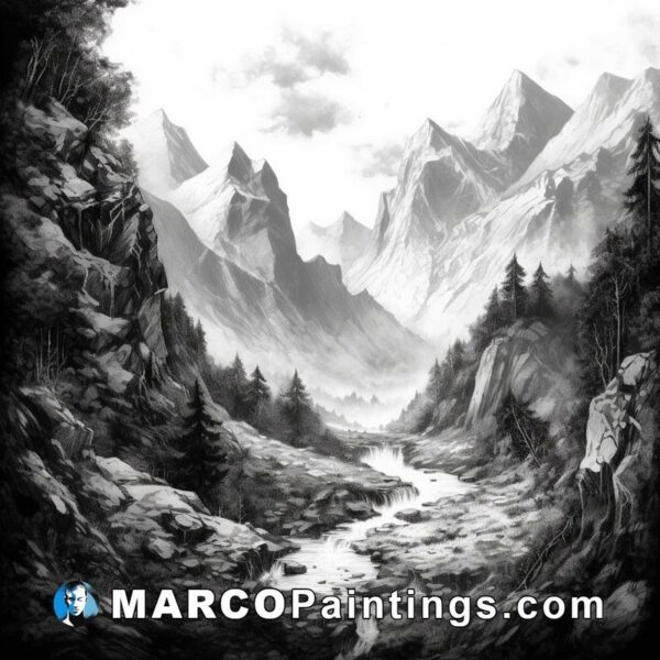 A black and white drawing of a mountain valley with waterfalls
