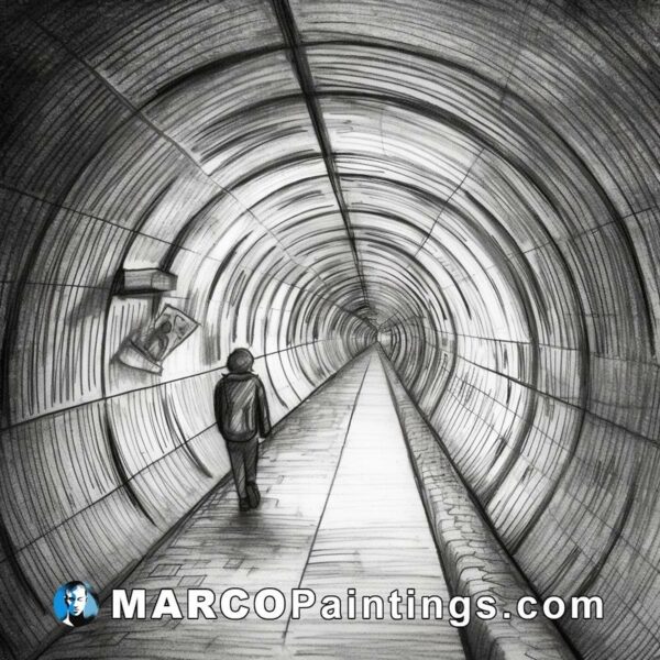 A black and white drawing of a person walking through a tunnel