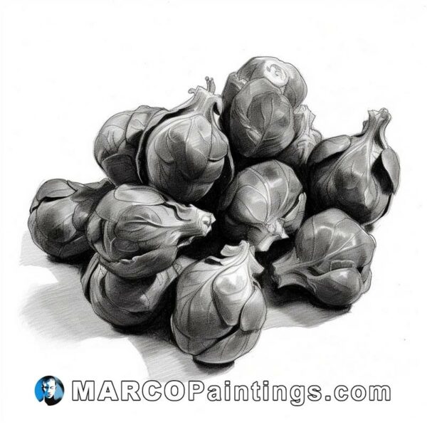 A black and white drawing of a pile of artichoke