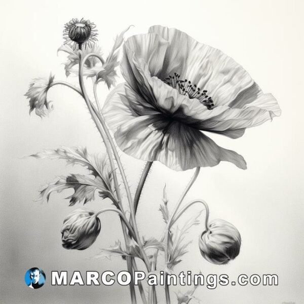 A black and white drawing of a poppy