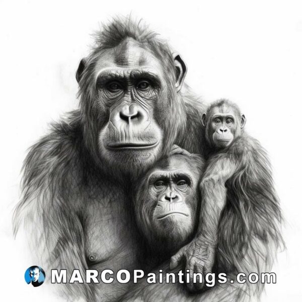 A black and white drawing of a primate family with one of the parents holding others