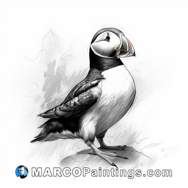 A black and white drawing of a puffin on a rock