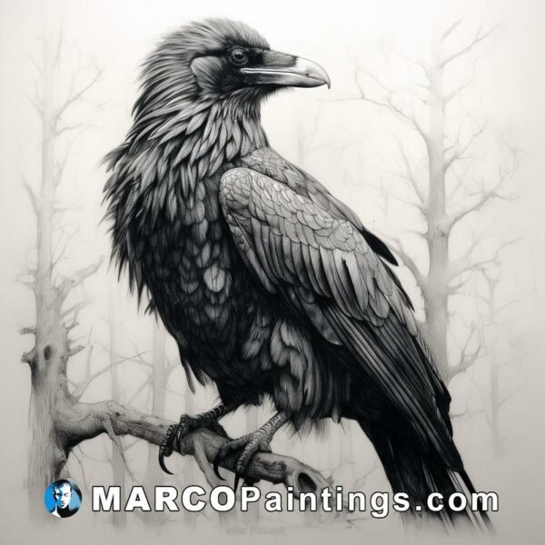 A black and white drawing of a raven sitting on a branch