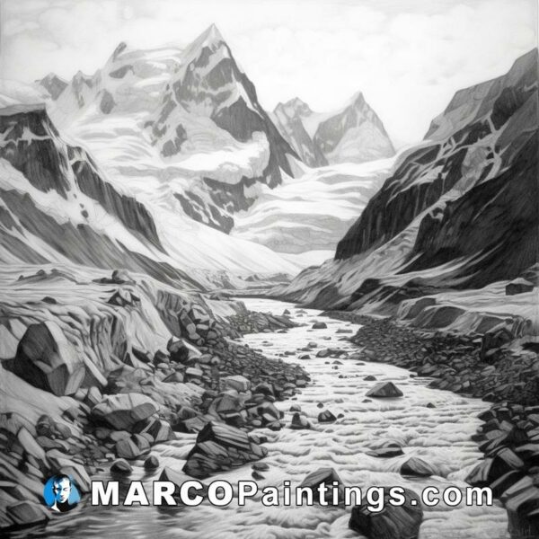 A black and white drawing of a river and mountains