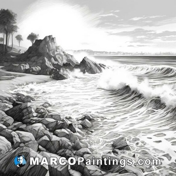 A black and white drawing of a rocky beach with surf