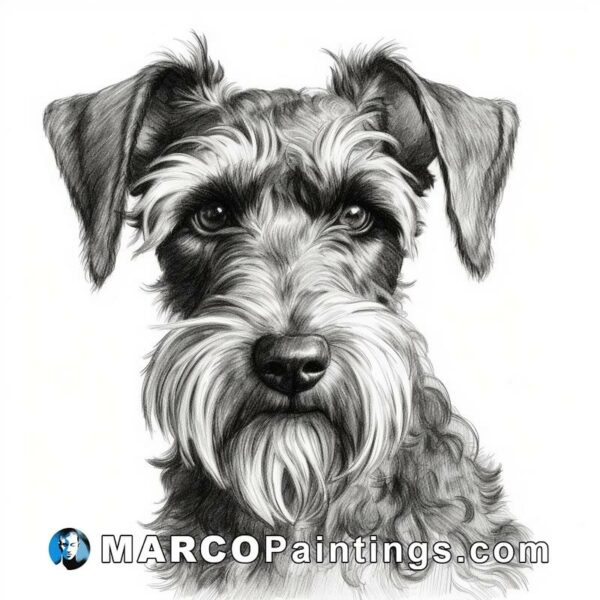 A black and white drawing of a schnauzer dog