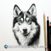 A black and white drawing of a siberian husky with a couple of pencils