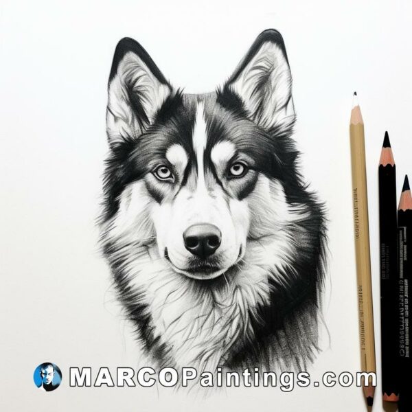 A black and white drawing of a siberian husky with a couple of pencils