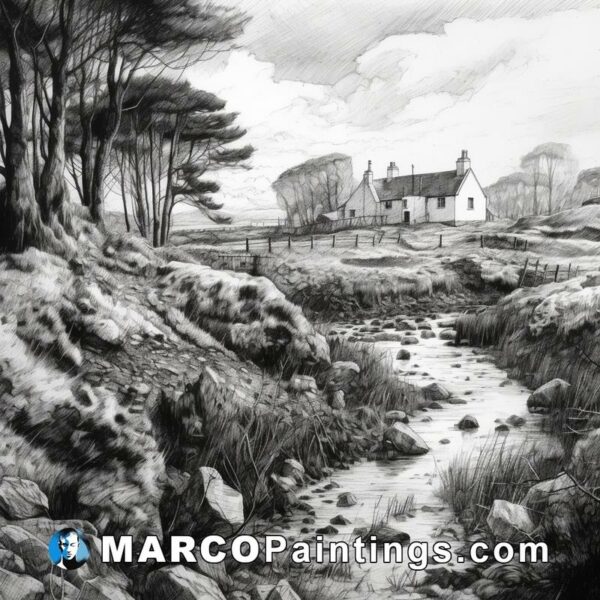 A black and white drawing of a small house and stream