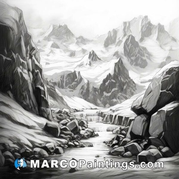 A black and white drawing of a snowy area with rocks along the river