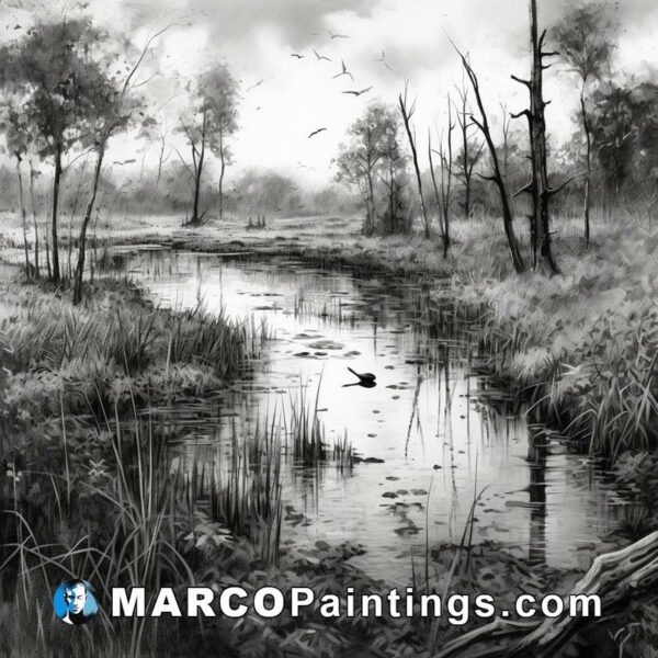 A black and white drawing of a stream in marshland