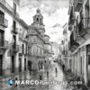 A black and white drawing of a street in spain