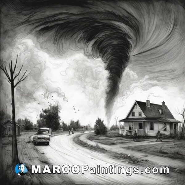 A black and white drawing of a tornado coming towards a house
