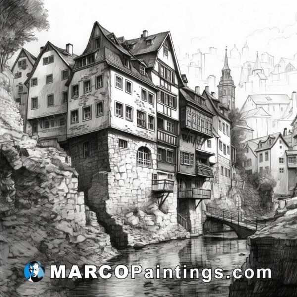 A black and white drawing of a traditional medieval german village
