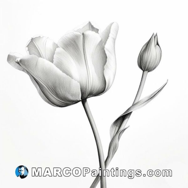 A black and white drawing of a tulip