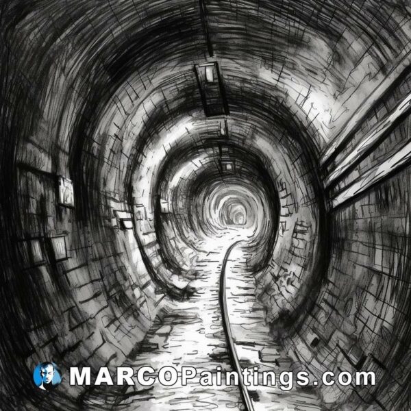 A black and white drawing of a tunnel