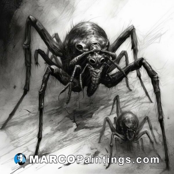 A black and white drawing of an enormous spider and two baby spiders