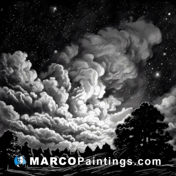 A black and white drawing of an intense cloud sky