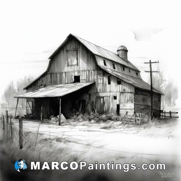A black and white drawing of an old barn