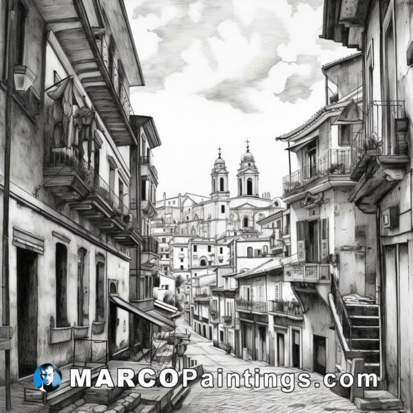 A black and white drawing of an old city street