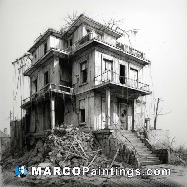 A black and white drawing of an old house with demolition