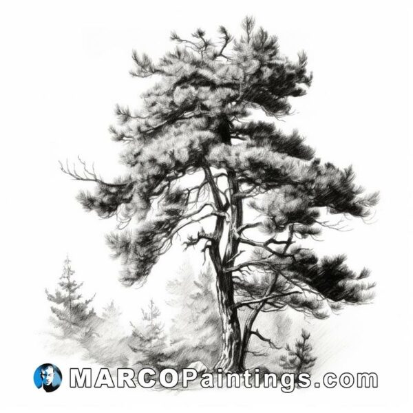 A black and white drawing of an old pine tree