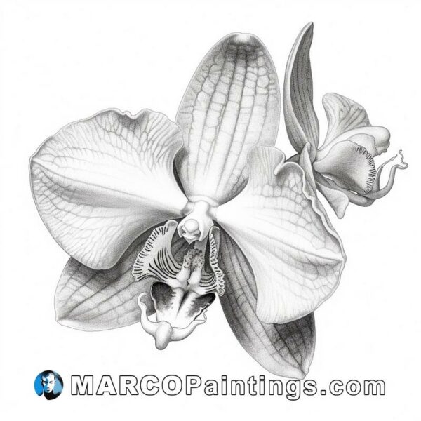 A black and white drawing of an orchid flower