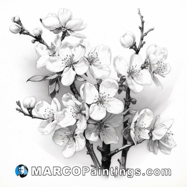 A black and white drawing of branches of blooming flowers