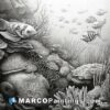 A black and white drawing of coral reefs