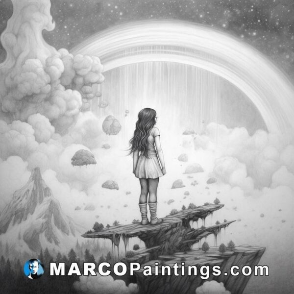 A black and white drawing of girl standing by a rainbow