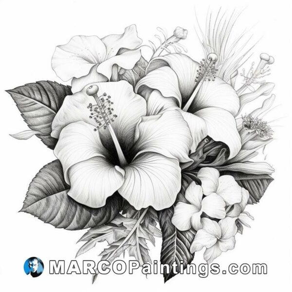 A black and white drawing of hibiscus and other flowers