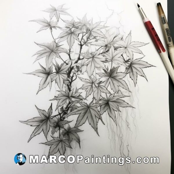 A black and white drawing of japanese leaves