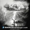 A black and white drawing of lightning hitting trees
