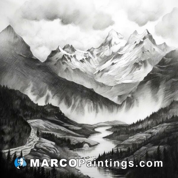 A black and white drawing of mountains overlooking a river