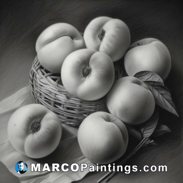 A black and white drawing of peaches from a basket