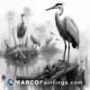 A black and white drawing of some birds in a swamp