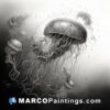 A black and white drawing of some jellyfish