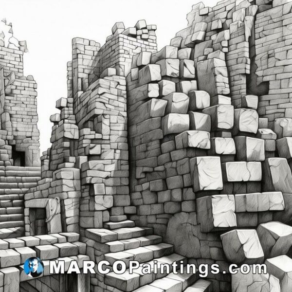 A black and white drawing of stone structures and buildings