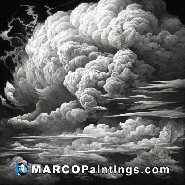 A black and white drawing of storm clouds along the horizon