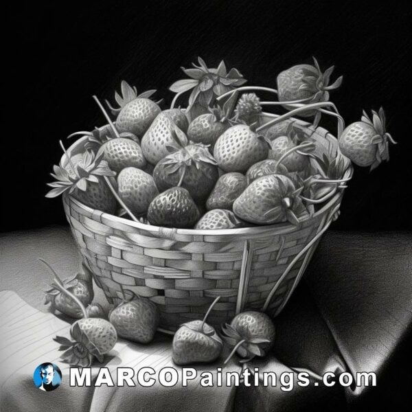 A black and white drawing of strawberries in basket