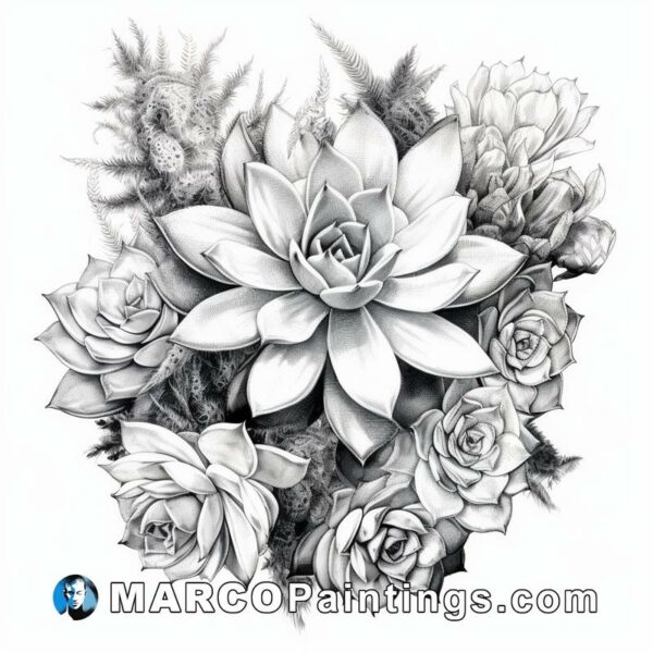 A black and white drawing of succulents and flowers