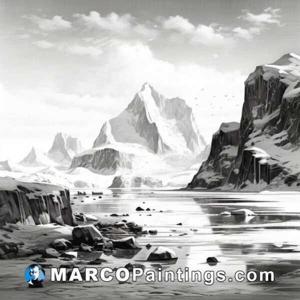 A black and white drawing of the arctic landscape