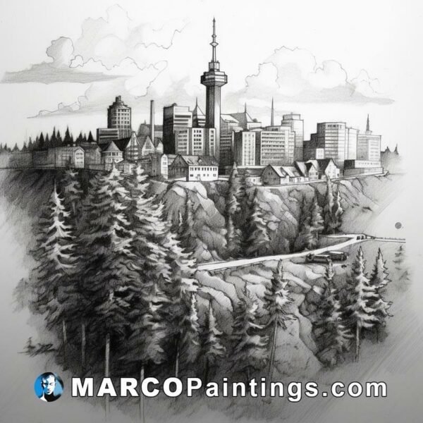 A black and white drawing of the city and the trees