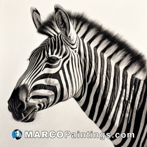 A black and white drawing of the head of a zebra