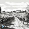 A black and white drawing of the vineyard in italian countryside