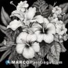 A black and white drawing of tropical flowers